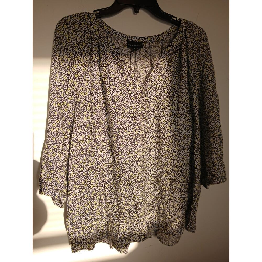 JNY New York Blouse 2X Floral Tunic V Neck Loose Fit 3/4 Sleeve Black Green Leaf